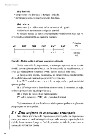 64
Matemática Financeira
Proibidaareprodução–©UniSEB
(iii) duração
•	temporárias (ou limitadas): duração limitada;
•	perpétuas (ou indeferidas): duração ilimitada.
(iv) valores
constantes (ou uniformes): todos os termos são iguais;
variáveis: os termos não são iguais entre si.
O modelo básico de séries de pagamento/recebimento pode ser re-
presentado, graficamente, da seguinte maneira:
VP PMT PMT PMT PMT PMT
10 2 3 n – 1 n
Entradas
(+)
Saídas
(–)
ASSAF NETO (2008, P. 99)
Figura 3.3 – Modelo padrão de séries de pagamento/recebimento
Se for uma série de pagamentos, as setas que representam os termos
(PMT) devem apontar para baixo. Se for uma série de recebimentos, as
setas que representam os termos (PMT) devem apontar para cima.
A figura acima ilustra, claramente, as características fundamentais
do modelo básico de séries de pagamento/recebimento:
I. o PMT inicial ocorre em n = 1, ou seja, após o período inicial
(postecipada);
II. a diferença entre a data de um termo e outro é constante, ou seja,
todos os períodos são iguais (periódica);
III. o prazo do fluxo é fixo (temporária) e
IV. todos os termos (PMT) são iguais (uniformes).
Vejamos com maiores detalhes as séries postecipadas (e o plano de
poupança) e as antecipadas.
3.1  Série uniforme de pagamentos postecipada
Nas séries uniformes de pagamentos postecipada, os pagamentos
começam a ocorrer no final do primeiro período, ou seja, a prestação ini-
cial do financiamento é paga no final do primeiro período do prazo contra-
tado (ASSAF NETO, 2008).
 