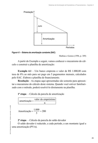79
Sistemas de Amortização de Empréstimos e Financiamentos – Capítulo 4
EAD-15-MatemáticaFinanceira–Proibidaareprodução–©UniSEB
Prestação
Juro
Amortização
Períodos
Figura 4.1 – Sistema de amortização constante (SAC)
Mathias e Gomes (1996, p. 309)
A partir do Exemplo a seguir, vamos conhecer o mecanismo do cál-
culo e construir a planilha de amortização:
Exemplo 4.1 – Um banco empresta o valor de R$ 1.000,00 com
taxa de 8% ao mês para ser pago em 5 pagamentos mensais, calculados
pelo SAC. Elabore a planilha de financiamento.
Resolução – As etapas aqui apresentadas são somente para apresen-
tar o mecanismo do cálculo deste sistema. Quando você estiver familiari-
zado com o método, poderá resolvê-lo diretamente na planilha.
1ª etapa – Cálculo da parcela de amortização
amortização
do empréstimo
=
valor
n
Amortização = =
1.000
5
200
2ª etapa – Cálculo da parcela do saldo devedor
O saldo devedor é reduzido, a cada período, a um montante igual a
uma amortização (PV/n).
 