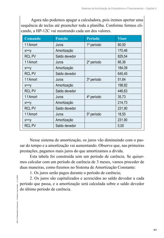 85
Sistemas de Amortização de Empréstimos e Financiamentos – Capítulo 4
EAD-15-MatemáticaFinanceira–Proibidaareprodução–©UniSEB
Agora não podemos apagar a calculadora, pois iremos apertar uma
sequência de teclas até preencher toda a planilha. Conforme formos cli-
cando, a HP-12C vai mostrando cada um dos valores.
Comando Função Período Visor
1 f Amort Juros 1º período 80,00
x><y Amortização 170,46
RCL PV Saldo devedor 829,54
1 f Amort Juros 2º período 66,36
x><y Amortização 184,09
RCL PV Saldo devedor 645,45
1 f Amort Juros 3º período 51,64
x><y Amortização 198,82
RCL PV Saldo devedor 446,63
1 f Amort Juros 4º período 35,73
x><y Amortização 214,73
RCL PV Saldo devedor 231,90
1 f Amort Juros 5º período 18,55
x><y Amortização 231,90
RCL PV Saldo devedor 0,00
Nesse sistema de amortização, os juros vão diminuindo com o pas-
sar do tempo e a amortização vai aumentando. Observe que, nas primeiras
prestações, pagamos mais juros do que amortizamos a dívida.
Esta tabela foi construída sem um período de carência. Se quiser-
mos calcular com um período de carência de 3 meses, vamos proceder de
duas maneiras, como fizemos no Sistema de Amortização Constante:
1. Os juros serão pagos durante o período de carência;
2. Os juros são capitalizados e acrescidos ao saldo devedor a cada
período que passa, e a amortização será calculada sobre o saldo devedor
do último período de carência.
 