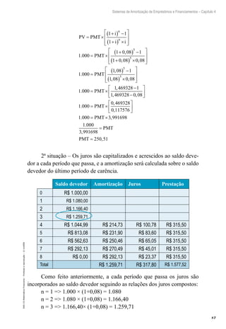 87
Sistemas de Amortização de Empréstimos e Financiamentos – Capítulo 4
EAD-15-MatemáticaFinanceira–Proibidaareprodução–©UniSEB
PV PMT
i
i i
PMT
n
n
= ×
+( ) −
+( ) ×








= ×
+( ) −
+
1 1
1
1 000
1 0 08 1
1 0 08
5
.
,
,(( ) ×








=
( ) −
( ) ×








5
5
5
0 08
1 000
1 08 1
1 08 0 08
1 0
,
.
,
, ,
.
PMT
000
1 469328 1
1 469328 0 08
1 000
0 469328
0 1
= ×
−
−






= ×
PMT
PMT
,
, ,
.
,
, 117576
1 000 3 991698
1 000
3 991698
250 51






= ×
=
=
. ,
.
,
,
PMT
PMT
PMT
2ª situação – Os juros são capitalizados e acrescidos ao saldo deve-
dor a cada período que passa, e a amortização será calculada sobre o saldo
devedor do último período de carência.
Saldo devedor Amortização Juros Prestação
0 R$ 1.000,00
1 R$ 1.080,00
2 R$ 1.166,40
3 R$ 1.259,71
4 R$ 1.044,99 R$ 214,73 R$ 100,78 R$ 315,50
5 R$ 813,08 R$ 231,90 R$ 83,60 R$ 315,50
6 R$ 562,63 R$ 250,46 R$ 65,05 R$ 315,50
7 R$ 292,13 R$ 270,49 R$ 45,01 R$ 315,50
8 R$ 0,00 R$ 292,13 R$ 23,37 R$ 315,50
Total R$ 1.259,71 R$ 317,80 R$ 1.577,52
Como feito anteriormente, a cada período que passa os juros são
incorporados ao saldo devedor seguindo as relações dos juros compostos:
n = 1 => 1.000 × (1+0,08) = 1.080
n = 2 => 1.080 × (1+0,08) = 1.166,40
n = 3 => 1.166,40× (1+0,08) = 1.259,71
 