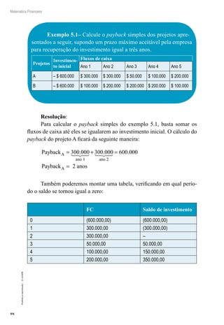 98
Matemática Financeira
Proibidaareprodução–©UniSEB
Exemplo 5.1– Calcule o payback simples dos projetos apre-
sentados a seguir, supondo um prazo máximo aceitável pela empresa
para recuperação do investimento igual a três anos.
Projetos
Investimen-
to inicial
Fluxos de caixa
Ano 1 Ano 2 Ano 3 Ano 4 Ano 5
A – $ 600.000 $ 300.000 $ 300.000 $ 50.000 $ 100.000 $ 200.000
B – $ 600.000 $ 100.000 $ 200.000 $ 200.000 $ 200.000 $ 100.000
Resolução:
Para calcular o payback simples do exemplo 5.1, basta somar os
fluxos de caixa até eles se igualarem ao investimento inicial. O cálculo do
payback do projeto A ficará da seguinte maneira:
Payback
Paybac
A = + =300 000 300 000 600 000. . .
ano 1 ano 2
kkA = 2 anos
Também poderemos montar uma tabela, verificando em qual perío-
do o saldo se tornou igual a zero:
FC Saldo de investimento
0 (600.000,00) (600.000,00)
1 300.000,00 (300.000,00)
2 300.000,00 –
3 50.000,00 50.000,00
4 100.000,00 150.000,00
5 200.000,00 350.000,00
 