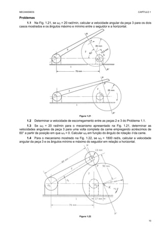 MECANISMOS CAPÍTULO 1
10
Problemas
1.1 Na Fig. 1.21, se 2 = 20 rad/min, calcular a velocidade angular da peça 3 para os dois
casos mostrados e os ângulos máximo e mínimo entre o seguidor e a horizontal.
Figura 1.21
1.2 Determinar a velocidade de escorregamento entre as peças 2 e 3 do Problema 1.1.
1.3 Se 2 = 20 rad/min para o mecanismo apresentado na Fig. 1.21, determinar as
velocidades angulares da peça 3 para uma volta completa da came empregando acréscimos de
60° a partir da posição em que 3 = 0. Calcular 3 em função do ângulo de rotação da came.
1.4 Para o mecanismo mostrado na Fig. 1.22, se 2 = 1800 rad/s, calcular a velocidade
angular da peça 3 e os ângulos mínimo e máximo do seguidor em relação a horizontal.
Figura 1.22
 