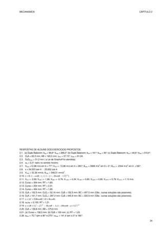MECANISMOS CAPÍTULO 2
34
RESPOSTAS DE ALGUNS DOS EXERCÍCIOS PROPOSTOS
2.1. (a) Duplo Balancim; θmin = 90,8°
; θmax = 269,2°
; (b) Duplo Balancim; θmin = 141°
; θmax = 30°
; (c) Duplo Balancim; θmin = 44,6°
; θmax = 315,4°
.
2.2. O2A = 63,5 mm; AB = 165,5 mm; γmin = 37,15°
; γmax = 91,04.
2.3. O2O4max = 51,2 mm ( a Lei de Grashoff foi atendida).
2.4. ω4 = 0,21 rad/s no sentido horário.
2.7. Vmax =12,86 m/s em θ = 77°
; Vmin = -12,86 m/s em θ = 283°
; Amax = 3906 m/s2
em θ = 0°
; Amin = -2344 m/s2
em θ =180°
.
2.8. x = 54,523 sen θ - 25,652 cos θ.
2.9. Vmax = 52,36 mm/s; Amax = 548,31 mm/s2
.
2.10. x = R (1 – cosθ) + r { 1 – [ 1 – (Rsenθ / r)2
]1/2
}
2.11. V(0°
) = -2,69; V(45°
) = -1,96; V(90°
) = -0,76; V(135°
) = 0,34; V(180°
) = 0,80; V(225°
) = 0,80; V(270°
) = 0,79; V(315°
) = 1,13 m/s.
2.12. Curso = 304 mm; RT = 1,83.
2.13. Curso = 254 mm; RT = 2,01.
2.14. Curso = 494 mm; RT = 1,65.
2.15. O2A = 152,5 mm; O2O4 = 52,16 mm; O4B = 152,5 mm; BC = 457,5 mm (Obs.: outras soluções são possíveis).
2.16. O2A = 101,7 mm; O2O4 = 297,3 mm; O4B = 445,9 mm; BC = 222,9 mm (Obs.: outras soluções são possíveis).
2.17. x = [(C + D)Rsenθ] / (D + Rcosθ).
2.18. ω4/ω2 = 0,155; RT = 1,21.
2.19. x = [(R + L)2
– y2
]1/2
– Rcosθ – L{1 – [(Rsenθ – y) / L]2
}1/2
2.20. O2A = 139,8 mm; AB = 375,6 mm.
2.21. (a) Curso = 158,3 mm; (b) O2B = 100 mm; (c) RT = 1,23.
2.28. ωmin = 70,7 rpm a 90°e 270°
; ωmax = 141,4 rpm a 0°e 180°
.
 