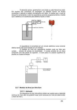 -12-
O elemento sensor, geralmente é uma haste ou cabo flexível de metal.
Em líquidos não condutores se empregam um eletrodo normal, em fluídos
condutores o eletrodo é isolado normalmente com teflon. A medida que o nível do
tanque for aumentando o valor da capacitância aumenta progressivamente a medida
que o dielétrico ar é substituído pelo dielétrico líquido a medir.
A capacitância é convertida por um circuito eletrônico numa corrente
elétrica sendo este sinal indicado em um medidor.
A medição de nível por capacitância também pode ser feita sem
contato , através de sondas de proximidade . A sonda consiste de um disco
compondo uma das placas do capacitor . A outra placa é a própria superfície do
produto ou a base do tanque.
.
2.2.7 - Medidor de Nível por Ultra Som
2.2.7.1 - Aplicação
Os dispositivos do tipo ultra-sônico podem ser usados para a detecção
contínua de nível, além de poderem atuar como sensores de nível pré determinado
( chave de nível ).
 