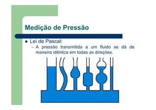 Medição de Pressão
Lei de Pascal:
– A pressão transmitida a um fluido se dá de
maneira idêntica em todas as direções.
 