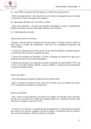 Microbiologia e Parasitologia 11
11
Ex.: Agar EMB (crescimento de Gram negativos e inibição de Gram positivos),
- Meios de enriquecimento - são variações dos meios seletivos empregados para se estimular
o crescimento de certos microrganismos exigentes.
Ex.: ágar-sangue (Streptococcus, Prevotella, e outros).
- Meios para anaeróbios - são meios pré-reduzidos empregados na coleta e manutenção de
bactérias anaeróbias, onde são adicionadas substâncias oxi-redutoras
Ex.: Caldo tioglicolato de sódio.
Técnicas para Cultivo de Amostras
- Quando o inoculo (material colocado não meio de cultura), é colocado dentro ou sobre um
meio (Agar), as células são imobilizadas e cada uma irá se multiplicar produzindo uma
colônia isolada.
1. Técnica de esgotamento por estrias: através de uma alça ou agulha de semeadura esgota-se
o material por meio de estrias na superfície do meio.
2. Técnica da semeadura em superfície: o inoculo é espalhado na superfície do Agar com o
auxílio de uma alça de vidro (alça de Drigalsky).
3. Método de pour-plate: uma suspensão de células é misturada com Agar fundido a 45ºC, que
se verte em uma placa de Petri. Quando o Agar se solidifica, as células são nele imobilizadas
e crescem, formando colônias.
Cultivo de aeróbios
- Estes microrganismos requerem oxigênio para sua sobrevivência.
- Após a semeadura em placas ou tubos com meio de cultura, estes são mantidos em estufa a
37º C em presença de oxigênio do ar atmosférico.
Cultivo de anaeróbios
- Para o cultivo de microrganismos na ausência de oxigênio são utilizados meios reduzidos,
que são meios de cultura com a adição de um agente redutor (ex.: tiolicolato de sódio), capaz
de absorver o oxigênio ou gerar H2 e CO2.
- CÂMARA DE ANAEROBIOSE: a manipulação dos microrganismos é realizada dentro da câmara
que contém luvas especiais acopladas à parede da câmara. A atmosfera dentro da câmara é
uma mistura de hidrogênio, dióxido de carbono e nitrogênio.
 
