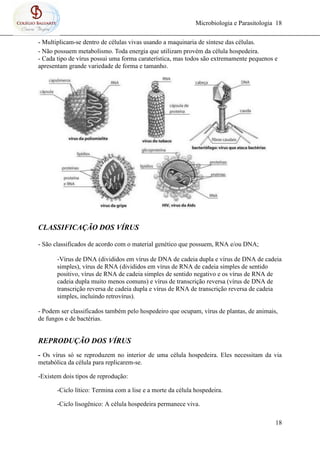 Microbiologia e Parasitologia 18
18
- Multiplicam-se dentro de células vivas usando a maquinaria de síntese das células.
- Não possuem metabolismo. Toda energia que utilizam provém da célula hospedeira.
- Cada tipo de vírus possui uma forma caraterística, mas todos são extremamente pequenos e
apresentam grande variedade de forma e tamanho.
CLASSIFICAÇÃO DOS VÍRUS
- São classificados de acordo com o material genético que possuem, RNA e/ou DNA;
-Vírus de DNA (divididos em vírus de DNA de cadeia dupla e vírus de DNA de cadeia
simples), vírus de RNA (divididos em vírus de RNA de cadeia simples de sentido
positivo, vírus de RNA de cadeia simples de sentido negativo e os vírus de RNA de
cadeia dupla muito menos comuns) e vírus de transcrição reversa (vírus de DNA de
transcrição reversa de cadeia dupla e vírus de RNA de transcrição reversa de cadeia
simples, incluindo retrovírus).
- Podem ser classificados também pelo hospedeiro que ocupam, vírus de plantas, de animais,
de fungos e de bactérias.
REPRODUÇÃO DOS VÍRUS
- Os vírus só se reproduzem no interior de uma célula hospedeira. Eles necessitam da via
metabólica da célula para replicarem-se.
-Existem dois tipos de reprodução:
-Ciclo lítico: Termina com a lise e a morte da célula hospedeira.
-Ciclo lisogênico: A célula hospedeira permanece viva.
 