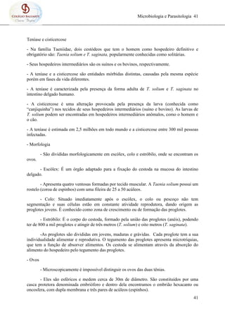 Microbiologia e Parasitologia 41
41
Teníase e cisticercose
- Na família Taeniidae, dois cestódeos que tem o homem como hospedeiro definitivo e
obrigatório são: Taenia solium e T. saginata, popularmente conhecidas como solitárias.
- Seus hospedeiros intermediários são os suínos e os bovinos, respectivamente.
- A teníase e a cisticercose são entidades mórbidas distintas, causadas pela mesma espécie
porém em fases da vida diferentes.
- A teníase é caracterizada pela presença da forma adulta de T. solium e T. saginata no
intestino delgado humano.
- A cisticercose é uma alteração provocada pela presença da larva (conhecida como
“canjiquinha”) nos tecidos de seus hospedeiros intermediários (suíno e bovino). As larvas de
T. solium podem ser encontradas em hospedeiros intermediários anômalos, como o homem e
o cão.
- A teníase é estimada em 2,5 milhões em todo mundo e a cisticercose entre 300 mil pessoas
infectadas.
- Morfologia
- São divididas morfologicamente em escólex, colo e estróbilo, onde se encontram os
ovos.
- Escólex: É um órgão adaptado para a fixação do cestoda na mucosa do intestino
delgado.
- Apresenta quatro ventosas formadas por tecido muscular. A Taenia solium possui um
rostelo (coroa de espinhos) com uma fileira de 25 a 50 acúleos.
- Colo: Situado imediatamente após o escólex, o colo ou pescoço não tem
segmentação e suas células estão em constante atividade reprodutora, dando origem as
proglotes jovens. É conhecido como zona de crescimento ou de formação das proglotes.
- Estróbilo: É o corpo do cestoda, formado pela união das proglotes (anéis), podendo
ter de 800 a mil proglotes e atingir de três metros (T. solium) e oito metros (T. saginata).
-As proglotes são divididas em jovens, maduras e grávidas. Cada proglote tem a sua
individualidade alimentar e reprodutiva. O tegumento das proglotes apresenta microtríquias,
que tem a função de absorver alimentos. Os cestoda se alimentam através da absorção do
alimento do hospedeiro pelo tegumento das proglotes.
- Ovos
- Microscopicamente é impossível distinguir os ovos das duas tênias.
- Eles são esféricos e medem cerca de 30m de diâmetro. São constituídos por uma
casca protetora denominada embrióforo e dentro dela encontramos o embrião hexacanto ou
oncosfera, com dupla membrana e três pares de acúleos (espinhos).
 