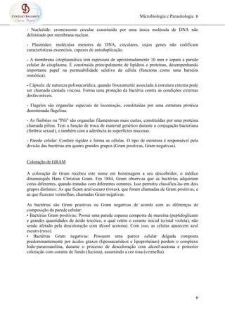 Microbiologia e Parasitologia 6
6
- Nucleóide: cromossomo circular constituído por uma única molécula de DNA não
delimitado por membrana nuclear.
- Plasmídeo: moléculas menores de DNA, circulares, cujos genes não codificam
características essenciais, capazes de autoduplicação.
- A membrana citoplasmática tem espessura de aproximadamente 10 mm e separa a parede
celular do citoplasma. É constituída principalmente de lipídeos e proteínas, desempenhando
importante papel na permeabilidade seletiva da célula (funciona como uma barreira
osmótica).
- Cápsula: de natureza polissacarídica, quando frouxamente associada à estrutura externa pode
ser chamada camada viscosa. Forma uma proteção da bactéria contra as condições externas
desfavoráveis.
- Flagelos são organelas especiais de locomoção, constituídas por uma estrutura protéica
denominada flagelina.
- As fímbrias ou "Pili" são organelas filamentosas mais curtas, constituídas por uma proteína
chamada pilina. Tem a função de troca de material genético durante a conjugação bacteriana
(fímbria sexual), e também com a aderência às superfícies mucosas.
- Parede celular: Confere rigidez e forma as células. O tipo de estrutura é responsável pela
divisão das bactérias em quatro grandes grupos (Gram positivas, Gram negativas).
Coloração de GRAM
A coloração de Gram recebeu este nome em homenagem a seu descobridor, o médico
dinamarquês Hans Christian Gram. Em 1884, Gram observou que as bactérias adquiriam
cores diferentes, quando tratadas com diferentes corantes. Isso permitiu classifica-las em dois
grupos distintos: As que ficam azul-escuro (roxas), que foram chamadas de Gram positivas, e
as que ficavam vermelhas, chamadas Gram negativas.
As bactérias são Gram positivas ou Gram negativas de acordo com as diferenças de
composição da parede celular:
• Bactérias Gram positivas: Possui uma parede espessa composta de mureína (peptidoglicano
e grandes quantidades de ácido teicóico, o qual retém o corante inicial (cristal violeta), não
sendo afetado pela descoloração com álcool acetona). Com isso, as células aparecem azul
escuro (roxo).
• Bactérias Gram negativas: Possuem uma parece celular delgada composta
predominantemente por ácidos graxos (lipossacarídeos e lipoproteínas) perdem o complexo
Iodo-pararosanilina, durante o processo de descoloração com alcool-acetona e posterior
coloração com corante de fundo (fucsina), assumindo a cor rosa (vermelha).
 