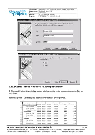 Documento Ementa do Curso Gerência de Projetos com MS-Project 2003
Responsável: Rodrigo B. Neves, PMP
Data: 27/03/2003
Revisão: B (Por: Marco A. Ferreira)
Original: 13/03/2002 (Por: Rodrigo B. Neves)
2.16.3 Outras Tabelas Auxiliares ao Acompanhamento
O Microsoft Project disponibiliza outras tabelas auxiliares de acompanhamento. São as
seguintes:
Tabela agenda – utilizada para acompanhar datas e cronogramas.
BHS GP – Gerência de Projetos & Treinamento ® 54/78
Rua Bernardo Guimarães, 245 / 5o. Andar – Funcionários – CEP.: 30.140-080 – Belo Horizonte – MG – Brasil
Website: http://www.bhs.com.br Contato: bhsgp@bhs.com.br Telefone: +55 (31) 3213-9060
 