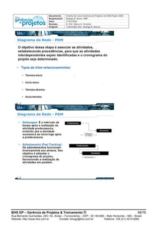 Documento Ementa do Curso Gerência de Projetos com MS-Project 2003
Responsável: Rodrigo B. Neves, PMP
Data: 27/03/2003
Revisão: B (Por: Marco A. Ferreira)
Original: 13/03/2002 (Por: Rodrigo B. Neves)
BHS GP – Gerência de Projetos & Treinamento ® 68/78
Rua Bernardo Guimarães, 245 / 5o. Andar – Funcionários – CEP.: 30.140-080 – Belo Horizonte – MG – Brasil
Website: http://www.bhs.com.br Contato: bhsgp@bhs.com.br Telefone: +55 (31) 3213-9060
 