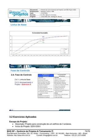 Documento Ementa do Curso Gerência de Projetos com MS-Project 2003
Responsável: Rodrigo B. Neves, PMP
Data: 27/03/2003
Revisão: B (Por: Marco A. Ferreira)
Original: 13/03/2002 (Por: Rodrigo B. Neves)
3.2 Exercícios Aplicados
Escopo do Projeto:
• Descrição: Projeto para construção de um edifício de 3 andares.
• Início do Projeto: 02/01/2001
BHS GP – Gerência de Projetos & Treinamento ® 74/78
Rua Bernardo Guimarães, 245 / 5o. Andar – Funcionários – CEP.: 30.140-080 – Belo Horizonte – MG – Brasil
Website: http://www.bhs.com.br Contato: bhsgp@bhs.com.br Telefone: +55 (31) 3213-9060
 