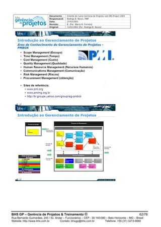 Documento Ementa do Curso Gerência de Projetos com MS-Project 2003
Responsável: Rodrigo B. Neves, PMP
Data: 27/03/2003
Revisão: B (Por: Marco A. Ferreira)
Original: 13/03/2002 (Por: Rodrigo B. Neves)
BHS GP – Gerência de Projetos & Treinamento ® 62/78
Rua Bernardo Guimarães, 245 / 5o. Andar – Funcionários – CEP.: 30.140-080 – Belo Horizonte – MG – Brasil
Website: http://www.bhs.com.br Contato: bhsgp@bhs.com.br Telefone: +55 (31) 3213-9060
 