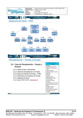 Documento Ementa do Curso Gerência de Projetos com MS-Project 2003
Responsável: Rodrigo B. Neves, PMP
Data: 27/03/2003
Revisão: B (Por: Marco A. Ferreira)
Original: 13/03/2002 (Por: Rodrigo B. Neves)
BHS GP – Gerência de Projetos & Treinamento ® 69/78
Rua Bernardo Guimarães, 245 / 5o. Andar – Funcionários – CEP.: 30.140-080 – Belo Horizonte – MG – Brasil
Website: http://www.bhs.com.br Contato: bhsgp@bhs.com.br Telefone: +55 (31) 3213-9060
 