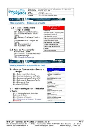 Documento Ementa do Curso Gerência de Projetos com MS-Project 2003
Responsável: Rodrigo B. Neves, PMP
Data: 27/03/2003
Revisão: B (Por: Marco A. Ferreira)
Original: 13/03/2002 (Por: Rodrigo B. Neves)
BHS GP – Gerência de Projetos & Treinamento ® 71/78
Rua Bernardo Guimarães, 245 / 5o. Andar – Funcionários – CEP.: 30.140-080 – Belo Horizonte – MG – Brasil
Website: http://www.bhs.com.br Contato: bhsgp@bhs.com.br Telefone: +55 (31) 3213-9060
 