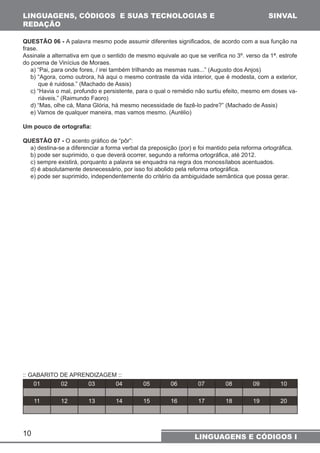 LINGUAGENS, CÓDIGOS E SUAS TECNOLOGIAS E 
REDAÇÃO 
QUESTÃO 06 - A palavra mesmo pode assumir diferentes significados, de acordo com a sua função na 
frase. 
Assinale a alternativa em que o sentido de mesmo equivale ao que se verifica no 3º. verso da 1ª. estrofe 
do poema de Vinícius de Moraes. 
a) “Pai, para onde fores, / irei também trilhando as mesmas ruas...” (Augusto dos Anjos) 
b) “Agora, como outrora, há aqui o mesmo contraste da vida interior, que é modesta, com a exterior, 
que é ruidosa.” (Machado de Assis) 
c) “Havia o mal, profundo e persistente, para o qual o remédio não surtiu efeito, mesmo em doses va-riáveis.” 
10 
SINVAL 
LINGUAGENS E CÓDIGOS I 
(Raimundo Faoro) 
d) “Mas, olhe cá, Mana Glória, há mesmo necessidade de fazê-lo padre?” (Machado de Assis) 
e) Vamos de qualquer maneira, mas vamos mesmo. (Aurélio) 
Um pouco de ortografia: 
QUESTÃO 07 - O acento gráfico de “pôr”: 
a) destina-se a diferenciar a forma verbal da preposição (por) e foi mantido pela reforma ortográfica. 
b) pode ser suprimido, o que deverá ocorrer, segundo a reforma ortográfica, até 2012. 
c) sempre existirá, porquanto a palavra se enquadra na regra dos monossílabos acentuados. 
d) é absolutamente desnecessário, por isso foi abolido pela reforma ortográfica. 
e) pode ser suprimido, independentemente do critério da ambiguidade semântica que possa gerar. 
:: GABARITO DE APRENDIZAGEM :: 
01 02 03 04 05 06 07 08 09 10 
11 12 13 14 15 16 17 18 19 20 
 