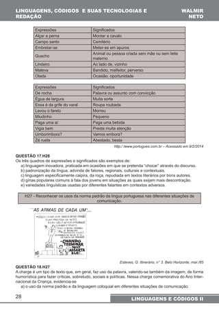 LINGUAGENS, CÓDIGOS E SUAS TECNOLOGIAS E 
REDAÇÃO 
28 
WALMIR 
NETO 
Expressões Significados 
Alçar a perna Montar a cavalo 
Campo santo Cemitério 
Embretar-se Meter-se em apuros 
Guacho Animal ou pessoa criada sem mãe ou sem leite 
LINGUAGENS E CÓDIGOS II 
materno 
Lindeiro Ao lado de, vizinho 
Maleva Bandido, malfeitor, perverso 
Olada Ocasião, oportunidade 
Expressões Significados 
De rocha Palavra ou assunto com convicção 
Égua de largura Muita sorte 
Essa é da grife do varal Roupa roubada 
Levou o farelo Morreu 
Miudinho Pequeno 
Paga uma aí Paga uma bebida 
Vigia bem Preste muita atenção 
Umborimbora? Vamos embora? 
Zé ruela Abestado, besta 
http:/ /www.portugues.com.br – Acessado em 9/2/2014 
QUESTÃO 17.H26 
Os três quadros de expressões e significados são exemplos de: 
a) linguagem inovadora, praticada em ocasiões em que se pretenda “chocar” através do discurso. 
b) padronização da língua, advinda de fatores, regionais, culturais e contextuais. 
c) linguagem especificamente caipira, da roça, repudiada em textos literários por bons autores. 
d) gírias populares comuns à fala dos jovens em situações as quais exijam mais descontração. 
e) variedades linguísticas usadas por diferentes falantes em contextos adversos. 
H27 - Reconhecer os usos da norma padrão da língua portuguesa nas diferentes situações de 
comunicação. 
Esteves, O. Itinerário, n° 3. Belo Horizonte, mar./85 
QUESTÃO 18.H27 
A charge é um tipo de texto que, em geral, faz uso da palavra, valendo-se também da imagem, de forma 
humorística para fazer críticas, sobretudo, sociais e políticas. Nessa charge comemorativa do Ano Inter-nacional 
da Criança, evidencia-se 
a) o uso da norma padrão e da linguagem coloquial em diferentes situações de comunicação. 
 