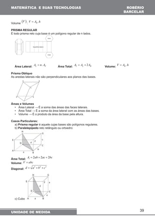 39 
MATEMÁTICA E SUAS TECNOLOGIAS 
Volume (V ) : . B V = A h 
PRISMA REGULAR 
É todo prisma reto cuja base é um polígono regular de n lados. 
Área Lateral: . L F A = n A Área Total: 2 T L B A = A + A Volume: . B V = A h 
Prisma Oblíquo 
As arestas laterais não são perpendiculares aos planos das bases. 
A B 
C 
D E 
Áreas e Volumes 
• Área Lateral → É a soma das áreas das faces laterais. 
• Área Total → É a soma da área lateral com as áreas das bases. 
• Volume → É o produto da área da base pela altura. 
Casos Particulares: 
a) Prisma regular é aquele cujas bases são polígonos regulares. 
b) Paralelepípedo reto retângulo ou ortoedro: 
Área Total: A = 2 ab + 2 ac + 2 bc 
t Volume: V = abc 
Diagonal: 
d = a2 + b2 + c2 
c) Cubo 
ROBÉRIO 
BARCELAR 
UNIDADE DE MEDIDA 
 