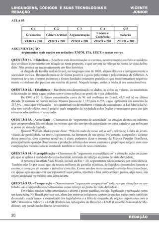 LINGUAGENS, CÓDIGOS E SUAS TECNOLOGIAS E 
REDAÇÃO 
20 
VICENTE 
JÚNIOR 
REDAÇÃO 
AULA 03 
C 1 C 2 C 3 C 4 C 5 
Gramática Gênero textual Argumentação Coesão e 
Coerência Solução 
ZERO a 200 ZERO a 200 ZERO a 200 ZERO a 200 ZERO a 200 
ARGUMENTAÇÃO 
Argumentos mais usados em redações: ENEM, ITA, UECE e tantas outras. 
QUESTÃO 01. - Históricos – Recebem esta denominação os eventos, acontecimentos ou fatos considera-dos 
verídicos e pertinentes em relação ao tema proposto, e que servem de reforço ao ponto de vista defen-dido. 
Não precisa ser necessariamente um fato histórico. 
A chegada da família real ao Brasil, no longínquo ano de 1808, alterou drástica e intrigantemente a 
sociedade carioca. Desenvolveram-se de forma positiva o gosto pelo teatro e pelo romance de folhetim. A 
imprensa teve um enorme incentivo e foram fundados inúmeros periódicos que transformariam negativa-mente 
o cotidiano das pessoas em matéria de jornal. Naquele tempo, então, a mídia já era sensacionalista. 
QUESTÃO 02. - Estatísticos – Recebem esta denominação os dados, as cifras ou valores, as estatísticas 
relacionadas ao tema e que podem servir como reforço ao ponto de vista defendido. 
De 1980 a 2010, foram assassinadas cerca de 91 mil mulheres no Brasil, 43,5 mil só na última 
década. O número de mortes nesses 30 anos passou de 1.353 para 4.297, o que representa um aumento de 
217,6% – mais que triplicando – nos quantitativos de mulheres vítimas de assassinato. A Lei Maria da Pe-nha 
tem surtido efeito, mas é preciso mais empenho da sociedade e dos órgãos competentes para que tais 
números não continuem crescendo. 
QUESTÃO 03. - Autoridade – Chamamos de “argumento de autoridade” as citações diretas ou indiretas 
que compreendem fala ou ideias de pessoas que são um tipo de autoridade no tema tratado e que reforçam 
o ponto de vista defendido. 
Quando William Shakespeare disse: “Não há nada de novo sob o sol”, referia-se à falta de criati-vidade, 
de genialidade, na arte e, logicamente, na literatura de sua época. No entanto, alargando o alcance 
dessa assertiva, com algumas ressalvas, é claro, podemos dizer o mesmo da Música Popular Brasileira, 
principalmente quando observamos a produção artística dos novos cantores e grupos que surgem com suas 
composições monossilábicas atestando também o vazio de seus conteúdos. 
QUESTÃO 04. - Exemplificação – Chamamos de “argumento exemplificativo” a situação, ação ou exem-plo 
que se aplica à realidade do tema discutido servindo de reforço ao ponto de vista defendido. 
A presença do artista Vick Muniz, no hall da Rio + 20, seguramente não aconteceu por coincidência. 
Também não foi por acaso que ele reuniu milhares de garrafas plásticas, de líquidos consumidos durante o 
evento, e começou ali mesmo a trabalhar com elas. Como um dos mais renomados artistas brasileiros hoje, 
ele apenas quis nos mostrar que é possível: sujar juntos, recolher o lixo juntos e fazer, juntos, algo novo, um 
objeto reciclado ou mesmo uma obra de arte. 
QUESTÃO 05. - Comparação – Denominamos “argumento comparativo” toda vez que situações ou rea-lidades 
são comparadas ou confrontadas como reforço ao ponto de vista defendido. 
Em vários estados norte-americanos o aborto é ponto pacífico, ou seja, legalizado e rechaçado como 
um tema tabu. No Brasil, por sua vez, além dos entraves religiosos comuns a um dos países mais católicos 
do mundo, ainda temos a morosidade dos legisladores e a falta de empenho de órgãos importantes com o 
MP ( Ministério Público), a OAB (Ordem dos Advogados do Brasil) e o CNM (Conselho Nacional de Me-dicina), 
um paradoxo do direito democrático. 
 