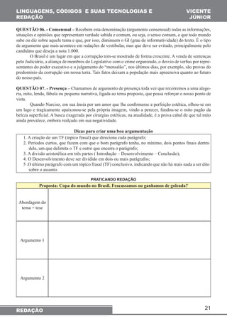 QUESTÃO 06. - Consensual – Recebem esta denominação (argumento consensual) todas as informações, 
situações e opiniões que representam verdade sabida e comum, ou seja, o senso comum, o que todo mundo 
sabe ou diz sobre aquele tema e que, por isso, diminuem o GI (grau de informatividade) do texto. É o tipo 
de argumento que mais acontece em redações de vestibular, mas que deve ser evitado, principalmente pelo 
candidato que deseja a nota 1.000. 
O Brasil é um lugar em que a corrupção tem-se mostrado de forma crescente. A venda de sentenças 
pelo Judiciário, a aliança de membros do Legislativo com o crime organizado, o desvio de verbas por repre-sentantes 
do poder executivo e o julgamento do “mensalão”, nos últimos dias, por exemplo, são provas do 
predomínio da corrupção em nossa terra. Tais fatos deixam a população mais apreensiva quanto ao futuro 
do nosso país. 
QUESTÃO 07. - Presença – Chamamos de argumento de presença toda vez que recorremos a uma alego-ria, 
mito, lenda, fábula ou pequena narrativa, ligada ao tema proposto, que possa reforçar o nosso ponto de 
Quando Narciso, em sua ânsia por um amor que lhe confirmasse a perfeição estética, olhou-se em 
um lago e tragicamente apaixonou-se pela própria imagem, vindo a perecer, fundou-se o mito pagão da 
beleza superficial. A busca exagerada por cirurgias estéticas, na atualidade, é a prova cabal de que tal mito 
ainda prevalece, embora realçado em sua negatividade. 
21 
LINGUAGENS, CÓDIGOS E SUAS TECNOLOGIAS E 
REDAÇÃO 
VICENTE 
JÚNIOR 
vista. 
REDAÇÃO 
Dicas para criar uma boa argumentação 
1. A criação de um TF (tópico frasal) que direciona cada parágrafo; 
2. Períodos curtos, que fazem com que o bom parágrafo tenha, no mínimo, dois pontos finais dentro 
dele, um que delimita o TF e outro que encerra o parágrafo; 
3. A divisão aristotélica em três partes ( Introdução – Desenvolvimento – Conclusão); 
4. O Desenvolvimento deve ser dividido em dois ou mais parágrafos; 
5 .O último parágrafo com um tópico frasal (TF) conclusivo, indicando que não há mais nada a ser dito 
sobre o assunto. 
PRATICANDO REDAÇÃO 
Proposta: Copa do mundo no Brasil. Fracassamos ou ganhamos de goleada? 
Abordagem do 
tema + tese 
Argumento 1 
Argumento 2 
 