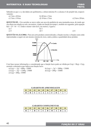 MATEMÁTICA E SUAS TECNOLOGIAS FÁBIO 
Sabendo-se que x e y são dados em quilômetros, a altura máxima H e o alcance A do projétil são, respecti-vamente: 
a) 2 km e 40 km. b) 40 km e 2 km. 
c) 2 km e 10 km. d) 10 km e 2 km. e) 2 km e 20 km. 
QUESTÃO 09. - Um carrinho se move sobre um arco de parábola de uma montanha-russa, de modo que 
sua altura em relação ao solo, em metros, é dada em função do tempo t, medido em segundos, pela equação 
h(t) = 2t2 - 8t + 11. Então o menor valor de h, em metros, é igual a: 
a) 2 b) 3 
c) 4 d) 5 e) 6 
QUESTÃO 10. (Uel 2006) - Para um certo produto comercializado, a função receita e a função custo estão 
representadas a seguir em um mesmo sistema de eixos, onde q indica a quantidade desse produto. 
Com base nessas informações e considerando que a função lucro pode ser obtida por L(q) = R(q) - C(q), 
assinale a alternativa que indica essa função lucro. 
a) L(q) = - 2q2 + 800q - 35000 b) L(q) = - 2q2 + 1000q + 35000 
c) L(q) = - 2q2 + 1200q - 35000 d) L(q) = 200q + 35000 
e) L(q) = 200q - 35000 
40 
FROTA 
FUNÇÃO DO 2º GRAU 
GABARITO DE APRENDIZAGEM 
01 02 03 04 05 06 07 08 09 10 
D B C A A A C D * * 
GABARITO COMPLEMENTAR 
01 02 03 04 05 06 07 08 09 10 
B * B C C B B A B A 
 