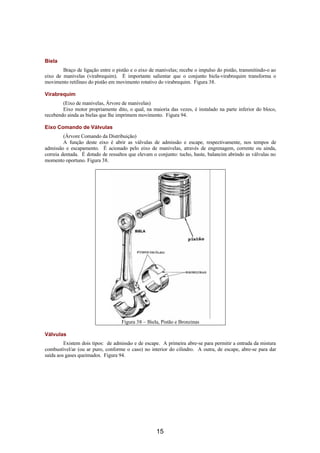 Biela
        Braço de ligação entre o pistão e o eixo de manivelas; recebe o impulso do pistão, transmitindo-o ao
eixo de manivelas (virabrequim). É importante salientar que o conjunto biela-virabrequim transforma o
movimento retilíneo do pistão em movimento rotativo do virabrequim. Figura 38.

Virabrequim
        (Eixo de manivelas, Árvore de manivelas)
        Eixo motor propriamente dito, o qual, na maioria das vezes, é instalado na parte inferior do bloco,
recebendo ainda as bielas que lhe imprimem movimento. Figura 94.

Eixo Comando de Válvulas
         (Árvore Comando da Distribuição)
         A função deste eixo é abrir as válvulas de admissão e escape, respectivamente, nos tempos de
admissão e escapamento. É acionado pelo eixo de manivelas, através de engrenagem, corrente ou ainda,
correia dentada. É dotado de ressaltos que elevam o conjunto: tucho, haste, balancim abrindo as válvulas no
momento oportuno. Figura 38.




                                   Figura 38 – Biela, Pistão e Bronzinas

Válvulas
         Existem dois tipos: de admissão e de escape. A primeira abre-se para permitir a entrada da mistura
combustível/ar (ou ar puro, conforme o caso) no interior do cilindro. A outra, de escape, abre-se para dar
saída aos gases queimados. Figura 94.




                                                    15
 