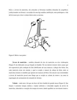 9
biela e a árvore de manivelas, são colocadas as bronzinas (também chamadas de casquilhos),
confeccionados em bronze e revestidas de uma liga metálica antifricção, estas prolongam a vida
útil do motor por evitar o contato direto entre as mesmas.
Figura 8. Biela e suas partes.
Árvore de manivelas – também chamado de eixo de manivelas ou eixo virabrequim
(Figura 9) são fabricados em aço forjado ou fundido. No seu interior existem vários canais que
são responsáveis pela condução do óleo lubrificante até seus mancais e cabeças das bielas. Em
cada manivela existe um moente, o qual se acopla o mancal da cabeça da biela, entre as
manivelas existem os munhões que apoiam nos mancais do bloco. Em uma de suas extremidades
a árvore de manivelas possui uma flange que se acopla ao volante do motor e na outra às
engrenagens de acionamento do comando de válvulas.
Volante – nada mais é do que um disco de ferro fundido de grande massa (Figura 9). Sua
função é acumular energia cinética e manter uniforme a velocidade angular da árvore de
manivelas, reduzindo as variações dos tempos do motor, dando equilíbrio no movimento rotativo.
 
