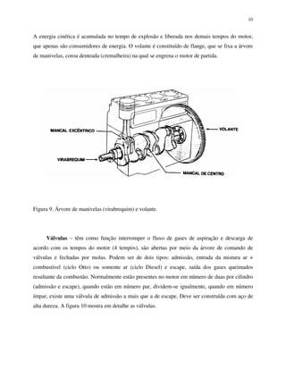 10
A energia cinética é acumulada no tempo de explosão e liberada nos demais tempos do motor,
que apenas são consumidores de energia. O volante é constituído de flange, que se fixa a árvore
de manivelas, coroa denteada (cremalheira) na qual se engrena o motor de partida.
Figura 9. Árvore de manivelas (virabrequim) e volante.
Válvulas – têm como função interromper o fluxo de gases de aspiração e descarga de
acordo com os tempos do motor (4 tempos), são abertas por meio da árvore de comando de
válvulas e fechadas por molas. Podem ser de dois tipos: admissão, entrada da mistura ar +
combustível (ciclo Otto) ou somente ar (ciclo Diesel) e escape, saída dos gases queimados
resultante da combustão. Normalmente estão presentes no motor em número de duas por cilindro
(admissão e escape), quando estão em número par, dividem-se igualmente, quando em número
ímpar, existe uma válvula de admissão a mais que a de escape. Deve ser construída com aço de
alta dureza. A figura 10 mostra em detalhe as válvulas.
 