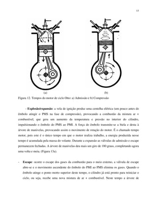 13
(a) (b)
Figura 12. Tempos do motor de ciclo Otto: a) Admissão e b) Compressão
- Explosão/expansão: a vela de ignição produz uma centelha elétrica (um pouco antes do
êmbolo atingir o PMS na fase de compressão), provocando a combustão da mistura ar +
combustível, que gera um aumento da temperatura e pressão no interior do cilindro,
impulsionando o êmbolo do PMS ao PMI. A força do êmbolo transmite-se a biela e desta à
árvore de manivelas, provocando assim o movimento de rotação do motor. É o chamado tempo
motor, pois este é o único tempo em que o motor realiza trabalho, a energia produzida nesse
tempo é acumulada pela massa do volante. Durante a expansão as válvulas de admissão e escape
permanecem fechadas. A árvore de manivelas deu mais um giro de 180 graus, completando agora
uma volta e meia. (Figura 13a).
- Escape: ocorre o escape dos gases da combustão para o meio externo, a válvula de escape
abre-se e o movimento ascendente do êmbolo do PMI ao PMS elimina os gases. Quando o
êmbolo atinge o ponto morto superior deste tempo, o cilindro já está pronto para reiniciar o
ciclo, ou seja, recebe uma nova mistura de ar + combustível. Neste tempo a árvore de
 