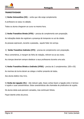 Português MPE
Página 18 Prof. Carlos Zambeli
TRANSITIVIDADE
1) Verbo Intransitivo (VI) – verbo que não exige complemento
A professora se casou no sábado.
Todos os alunos chegaram ao curso na mesma hora.
2) Verbo Transitivo Direto (VTD) – precisa de complemento sem preposição.
As indicações deste dia registram a presença de temporais no sul da cidade.
As pessoas aspiravam, durante a passeata, aquele fedor de carniça.
3) Verbo Transitivo Indireto (VTI) - precisa de complemento com preposição.
Meus comentários, à margem da folha de redação, referem-se ao seu texto.
As crianças deveriam sempre obedecer a seus professores durante uma aula.
4) Verbo Transitivo Direto e Indireto (VTDI) - precisa de 2 complementos. (OD e OI)
As meninas da turma deram ao colega o melhor presente de todos.
Aos alunos dedico meu livro.
5) Verbo de Ligação (VL) - não indicam ação. Esses verbos fazem a ligação entre 2 termos:
o sujeito e suas características. Estas características são chamadas de predicativo do sujeito.
Os alunos desta aula parecem cansados, mas continuam felizes.
Fiquei doente antes da prova.
 