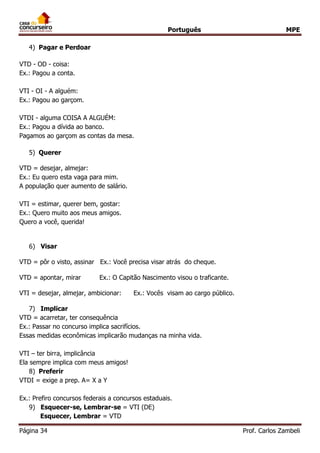 Português MPE
Página 34 Prof. Carlos Zambeli
4) Pagar e Perdoar
VTD - OD - coisa:
Ex.: Pagou a conta.
VTI - OI - A alguém:
Ex.: Pagou ao garçom.
VTDI - alguma COISA A ALGUÉM:
Ex.: Pagou a dívida ao banco.
Pagamos ao garçom as contas da mesa.
5) Querer
VTD = desejar, almejar:
Ex.: Eu quero esta vaga para mim.
A população quer aumento de salário.
VTI = estimar, querer bem, gostar:
Ex.: Quero muito aos meus amigos.
Quero a você, querida!
6) Visar
VTD = pôr o visto, assinar Ex.: Você precisa visar atrás do cheque.
VTD = apontar, mirar Ex.: O Capitão Nascimento visou o traficante.
VTI = desejar, almejar, ambicionar: Ex.: Vocês visam ao cargo público.
7) Implicar
VTD = acarretar, ter consequência
Ex.: Passar no concurso implica sacrifícios.
Essas medidas econômicas implicarão mudanças na minha vida.
VTI – ter birra, implicância
Ela sempre implica com meus amigos!
8) Preferir
VTDI = exige a prep. A= X a Y
Ex.: Prefiro concursos federais a concursos estaduais.
9) Esquecer-se, Lembrar-se = VTI (DE)
Esquecer, Lembrar = VTD
 