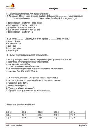 Português MPE
Prof. Carlos Zambeli Página 39
e) ... onde as condições são bem menos favoráveis ...
12) As crianças diferem entre si quanto aos tipos de brinquedos ...............: algumas crianças
............ brincar com bonecas ............... jogar xadrez, baralho, tênis e pingue-pongue.
a) de que gostam – preferem – mais do que
b) que gostam – preferem – mais que
c) que gostam – preferem – do que
d) que gostam – preferem – mais do que
e) de que gostam – preferem – a
13) Os filmes ............... assistia, não eram aqueles .............. mais gostava.
a) a que – de que
b) aos quais – que
c) que – que
d) que – dos quais
e) a que – que
14) Apenas exigem imperiosamente um final feliz...
O verbo que exige o mesmo tipo de complemento que o grifado acima está em:
a) Leitores de romances policiais não são exigentes.
b) ... e os meios para obtê-la.
c) ... que contribua com eficiência maior...
d) Os leitores contemporâneos acreditam firmemente na onipotência...
e) ... porque lhes falta o valor literário.
15) A palavra “que” retoma uma palavra anterior na alternativa
a) “as descrições que encontramos são sempre de super-homens”.
b) “uns dizem que é bom”.
c) “outros acham que não”.
d) “Então que tal parar um pouco”.
e) “É preciso saber que formação é a mais adequada”.
Gabarito das questões de concurso
01) B 04) E 07) C 10) D 13) A
02) A 05) A 08) A 11) C 14) B
03) B 06) B 09) B 12) E 15) A
 