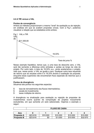 Métodos Quantitativos Aplicados à Administração
4.4 A TIR versus o VAL
Pontos de convergência
Ambos os métodos proporcionam o mesmo "sinal" de aceitação ou de rejeição,
em análises em que se avaliem propostas únicas. Com a Fig.1, podemos
visualizar a relação que se estabelece entre ambos:
Fig.1 VAL e TIR
VAL
($)
$11.300,00
18,33%
0
Taxa de juros %
Nesse exemplo hipotético, temos que, a uma taxa de desconto zero, o VAL
será tão somente a diferença entre entradas e saídas ao longo da vida do
projeto. Por outro lado, à taxa de 18,33% a.a., ainda aceitaríamos o projeto,
visto que, nesse ponto, o VAL se iguala a zero. Qualquer outra taxa requerida
de retorno que se situasse entre 0 e 18,33% levaria à aceitação da proposta,
enquanto taxas superiores não encontrariam fluxo esperado de retornos que a
justificassem.
Pontos de divergência
Situamos tais pontos nos seguintes aspectos:
$ taxa de reinvestimento dos fluxos intermediários;
$ escala do investimento;
$ taxas múltiplas de retorno.
A divergência na sinalização para aceitação ou rejeição de propostas de
investimentos ocorre quando da comparação de projetos mutuamente
excludentes, em que somente um será selecionado. Vejamos o exemplo a
seguir:
FLUXO DE CAIXA
Ano 0 1 2 3 4
Proposta A -$23.616 $10.000 $10.000 $10.000 $10.000
Proposta B -$23.616 $0 $ 5.000 $10.000 $32.675
11
 