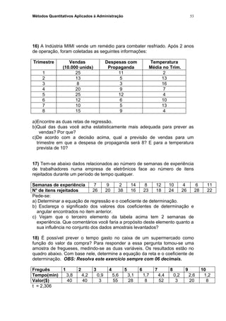 Métodos Quantitativos Aplicados à Administração
16) A Indústria MIMI vende um remédio para combater resfriado. Após 2 anos
de operação, foram coletadas as seguintes informações:
Trimestre Vendas
(10.000 unids)
Despesas com
Propaganda
Temperatura
Média no Trim.
1 25 11 2
2 13 5 13
3 8 3 16
4 20 9 7
5 25 12 4
6 12 6 10
7 10 5 13
8 15 9 4
a)Encontre as duas retas de regressão.
b)Qual das duas você acha estatisticamente mais adequada para prever as
vendas? Por que?
c)De acordo com a decisão acima, qual a previsão de vendas para um
trimestre em que a despesa de propaganda será 8? E para a temperatura
prevista de 10?
17) Tem-se abaixo dados relacionados ao número de semanas de experiência
de trabalhadores numa empresa de eletrônicos face ao número de itens
rejeitados durante um período de tempo qualquer.
Semanas de experiência 7 9 2 14 8 12 10 4 6 11
No
de itens rejeitados 26 20 38 16 23 18 24 26 28 22
Pede-se:
a) Determinar a equação de regressão e o coeficiente de determinação.
b) Esclareça o significado dos valores dos coeficientes de determinação e
angular encontrados no item anterior.
c) Vejam que o terceiro elemento da tabela acima tem 2 semanas de
experiência. Que comentários você faria a propósito deste elemento quanto a
sua influência no conjunto dos dados amostrais levantados?
18) É possível prever o tempo gasto no caixa de um supermercado como
função do valor da compra? Para responder a essa pergunta tomou-se uma
amostra de fregueses, medindo-se as duas variáveis. Os resultados estão no
quadro abaixo. Com base nele, determine a equação da reta e o coeficiente de
determinação. OBS: Resolva este exercício sempre com 06 decimais.
Freguês 1 2 3 4 5 6 7 8 9 10
Tempo(min) 3,8 4,2 0,9 5,6 3,1 1,7 4,4 0,2 2,6 1,2
Valor($) 40 40 3 55 28 8 52 3 20 8
t = 2,306
53
 