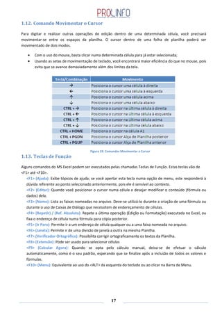 17
1.12. Comando Movimentar o Cursor
Para digitar e realizar outras operações de edição dentro de uma determinada célula, você precisará
movimentar-se entre os espaços da planilha. O cursor dentro de uma folha de planilha poderá ser
movimentado de dois modos.
Com o uso do mouse, basta clicar numa determinada célula para já estar selecionada;
Usando as setas de movimentação de teclado, você encontrará maior eficiência do que no mouse, pois
evita que se avance demasiadamente além dos limites da tela.
Figura 19: Comandos Movimentar o Cursor
1.13. Teclas de Função
Alguns comandos do MS Excel podem ser executados pelas chamadas Teclas de Função. Estas teclas vão de
<F1> até <F10>.
<F1> (Ajuda): Exibe tópicos de ajuda; se você apertar esta tecla numa opção de menu, este responderá à
dúvida referente ao ponto selecionado anteriormente, pois ele é sensível ao contexto.
<F2> (Editar): Quando você posicionar o cursor numa célula e desejar modificar o conteúdo (fórmula ou
dados) dela.
<F3> (Nome): Lista as faixas nomeadas no arquivo. Deve-se utilizá-lo durante a criação de uma fórmula ou
durante o uso de Caixas de Diálogo que necessitem de endereçamento de células.
<F4> (Repetir) / (Ref. Absoluta): Repete a última operação (Edição ou Formatação) executada no Excel, ou
fixa o endereço de célula numa fórmula para cópia posterior.
<F5> (Ir Para): Permite ir a um endereço de célula qualquer ou a uma faixa nomeada no arquivo.
<F6> (Janela): Permite ir de uma divisão de janela a outra na mesma Planilha.
<F7> (Verificador Ortográfico): Possibilita corrigir ortograficamente os textos da Planilha.
<F8> (Extensão): Pode ser usado para selecionar células
<F9> (Calcular Agora): Quando se opta pelo cálculo manual, deixa-se de efetuar o cálculo
automaticamente, como é o seu padrão, esperando que se finalize após a inclusão de todos os valores e
fórmulas.
<F10> (Menu): Equivalente ao uso do <ALT> da esquerda do teclado ou ao clicar na Barra de Menu.
 