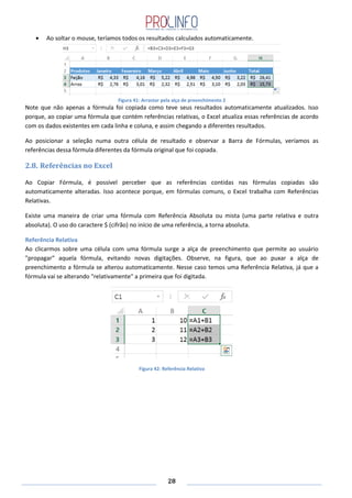 28
Ao soltar o mouse, teríamos todos os resultados calculados automaticamente.
Figura 41: Arrastar pela alça de preenchimento 2
Note que não apenas a fórmula foi copiada como teve seus resultados automaticamente atualizados. Isso
porque, ao copiar uma fórmula que contém referências relativas, o Excel atualiza essas referências de acordo
com os dados existentes em cada linha e coluna, e assim chegando a diferentes resultados.
Ao posicionar a seleção numa outra célula de resultado e observar a Barra de Fórmulas, veríamos as
referências dessa fórmula diferentes da fórmula original que foi copiada.
2.8. Referências no Excel
Ao Copiar Fórmula, é possível perceber que as referências contidas nas fórmulas copiadas são
automaticamente alteradas. Isso acontece porque, em fórmulas comuns, o Excel trabalha com Referências
Relativas.
Existe uma maneira de criar uma fórmula com Referência Absoluta ou mista (uma parte relativa e outra
absoluta). O uso do caractere $ (cifrão) no início de uma referência, a torna absoluta.
Referência Relativa
Ao clicarmos sobre uma célula com uma fórmula surge a alça de preenchimento que permite ao usuário
"propagar" aquela fórmula, evitando novas digitações. Observe, na figura, que ao puxar a alça de
preenchimento a fórmula se alterou automaticamente. Nesse caso temos uma Referência Relativa, já que a
fórmula vai se alterando "relativamente" a primeira que foi digitada.
Figura 42: Referência Relativa
 
