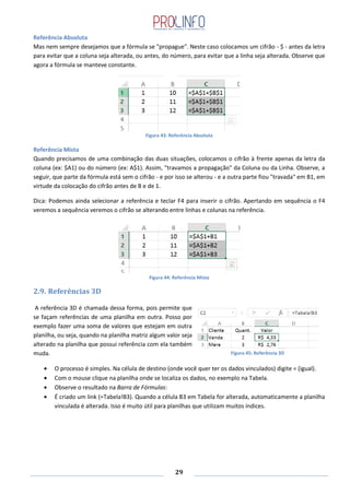 29
Referência Absoluta
Mas nem sempre desejamos que a fórmula se "propague". Neste caso colocamos um cifrão - $ - antes da letra
para evitar que a coluna seja alterada, ou antes, do número, para evitar que a linha seja alterada. Observe que
agora a fórmula se manteve constante.
Figura 43: Referência Absoluta
Referência Mista
Quando precisamos de uma combinação das duas situações, colocamos o cifrão à frente apenas da letra da
coluna (ex: $A1) ou do número (ex: A$1). Assim, "travamos a propagação" da Coluna ou da Linha. Observe, a
seguir, que parte da fórmula está sem o cifrão - e por isso se alterou - e a outra parte fiou "travada" em B1, em
virtude da colocação do cifrão antes de B e de 1.
Dica: Podemos ainda selecionar a referência e teclar F4 para inserir o cifrão. Apertando em sequência o F4
veremos a sequência veremos o cifrão se alterando entre linhas e colunas na referência.
Figura 44: Referência Mista
2.9. Referências 3D
A referência 3D é chamada dessa forma, pois permite que
se façam referências de uma planilha em outra. Posso por
exemplo fazer uma soma de valores que estejam em outra
planilha, ou seja, quando na planilha matriz algum valor seja
alterado na planilha que possui referência com ela também
muda.
O processo é simples. Na célula de destino (onde você quer ter os dados vinculados) digite = (igual).
Com o mouse clique na planilha onde se localiza os dados, no exemplo na Tabela.
Observe o resultado na Barra de Fórmulas:
É criado um link (=Tabela!B3). Quando a célula B3 em Tabela for alterada, automaticamente a planilha
vinculada é alterada. Isso é muito útil para planilhas que utilizam muitos índices.
Figura 45: Referência 3D
 