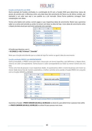 61
Função aninhada SE com HOJE
Outro exemplo de funções aninhadas é a combinação do SE com a função HOJE para determinar status de
prazos de acordo com a diferença entre uma data base (de vencimento de fatura ou de último contato, por
exemplo) e um valor que seja o seu padrão ou o de mercado. Dessa forma podemos conseguir fazer
comparações com datas.
Temos uma tabela com contas a serem pagas e suas respectivas datas de vencimento. Neste caso, queremos
saber se a conta está vencida ou ainda irá vencer com base na data de hoje. Insira datas de vencimento antes
e depois da data atual que você está realizando este exemplo.
Figura 97: Função aninhada SE com HOJE
A função que devemos usar é:
= SE (HOJE () <=B2;"A Vencer";"Vencida"
Note que a função está dizendo que se a data de hoje for menor ou igual à data de vencimento.
Função aninhada PROCV com MAIOR/MENOR
Como já estudado, o PROCV serve para fazer a busca por um termo específico, que definimos e, depois disso,
retorna um valor correspondente. Vamos buscar o valor correspondente ao maior ou menor número de uma
lista.
Temos uma lista de pessoas e suas respectivas idades. Se quiséssemos obter o nome da pessoa com maior ou
menor idade dessa lista de maneira automática, o melhor caminho seria usando a função PROCV em conjunto
com as funções MAIOR ou MENOR.
Figura 98: Função aninhada PROCV com MAIOR/MENOR
Usaremos a função: =PROCV (MAIOR (A2:A9;1); A2:B9;2;0) na célula E2, para determinar a pessoa mais velha
e =PROCV (MENOR (A2:A9;1); A2:B9;2;0) na célula E4 para pessoa mais nova.
 