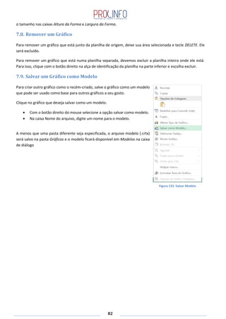 82
o tamanho nas caixas Altura da Forma e Largura da Forma.
7.8. Remover um Gráfico
Para remover um gráfico que está junto da planilha de origem, deixe sua área selecionada e tecle DELETE. Ele
será excluído.
Para remover um gráfico que está numa planilha separada, devemos excluir a planilha inteira onde ele está.
Para isso, clique com o botão direito na alça de identificação da planilha na parte inferior e escolha excluir.
7.9. Salvar um Gráfico como Modelo
Para criar outro gráfico como o recém-criado, salve o gráfico como um modelo
que pode ser usado como base para outros gráficos a seu gosto.
Clique no gráfico que deseja salvar como um modelo.
Com o botão direito do mouse selecione a opção salvar como modelo.
Na caixa Nome do arquivo, digite um nome para o modelo.
A menos que uma pasta diferente seja especificada, o arquivo modelo (.crtx)
será salvo na pasta Gráficos e o modelo ficará disponível em Modelos na caixa
de diálogo
Figura 133: Salvar Modelo
 