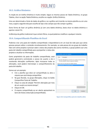 95
10.3. Gráfico Dinâmico
A criação de um Gráfico Dinâmico é muito simples. Segue os mesmos passos da Tabela Dinâmica, no grupo
Tabelas, clicar na opção Tabela Dinâmica, escolhe-se a opção: Gráfico Dinâmico.
Uma vez determinado a fonte de dados do gráfico e se o gráfico será inserido na mesma planilha ou em uma
nova, surgirá a seguinte tela para escolha do tipo e dos campos que irão compor o gráfico.
Outra forma de fazer um gráfico dinâmico já com uma tabela dinâmica, basta clicar na tabela dinâmica e
apertar a tecla F11.
A diferença do gráfico tradicional é que contem filtros, na qual podemos modificar a qualquer instante.
10.4. Compartilhando Planilhas do Excel
Podemos criar uma pasta de trabalho compartilhada e disponibilizá-la em um local de rede para que várias
pessoas possam editar o conteúdo simultaneamente. Por exemplo, se cada pessoa do seu grupo de trabalho
lidar com vários projetos e precisar saber o status dos projetos dos outros membros, o grupo poderá usar uma
pasta de trabalho compartilhada para acompanhar o status dos
projetos e atualizar as informações.
Como proprietário da pasta de trabalho compartilhada, você
poderá gerenciá-la controlando o acesso do usuário a ela e
resolvendo alterações conflitantes. Após incorporar todas as
alterações, você poderá interromper o compartilhamento da
pasta de trabalho.
Vamos ver um exemplo:
Crie a planilha que deve ser compartilhada ou abra o
arquivo que você deseja compartilhar.
Na guia Revisão, no grupo Alterações, clique no botão
Compartilhar Pasta de Trabalho.
Clique na caixa de seleção “Permitir alterações por mais
de um usuário ao mesmo tempo”.
Clique em OK.
O arquivo compartilhado ao ser aberto apresentará na
barra de títulos à descrição [compartilhado].
Figura 152: Compartilhar pasta de trabalho editar
 