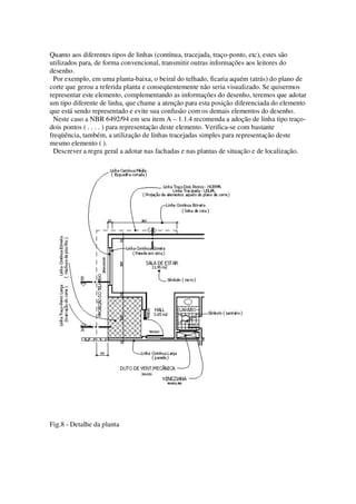Quanto aos diferentes tipos de linhas (contínua, tracejada, traço-ponto, etc), estes são
utilizados para, de forma convencional, transmitir outras informações aos leitores do
desenho.
Por exemplo, em uma planta-baixa, o beiral do telhado, ficaria aquém (atrás) do plano de
corte que gerou a referida planta e conseqüentemente não seria visualizado. Se quisermos
representar este elemento, complementando as informações do desenho, teremos que adotar
um tipo diferente de linha, que chame a atenção para esta posição diferenciada do elemento
que está sendo representado e evite sua confusão com os demais elementos do desenho.
Neste caso a NBR 6492/94 em seu item A – 1.1.4 recomenda a adoção de linha tipo traçodois pontos ( . . . . ) para representação deste elemento. Verifica-se com bastante
freqüência, também, a utilização de linhas tracejadas simples para representação deste
mesmo elemento ( ).
Descrever a regra geral a adotar nas fachadas e nas plantas de situação e de localização.

Fig.8 - Detalhe da planta

 