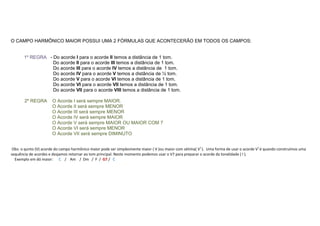 O CAMPO HARMÔNICO MAIOR POSSUI UMA 2 FÓRMULAS QUE ACONTECERÃO EM TODOS OS CAMPOS:


       1º REGRA - Do acorde I para o acorde II temos a distância de 1 tom.
                  Do acorde II para o acorde III temos a distância de 1 tom.
                  Do acorde III para o acorde IV temos a distância de 1 tom.
                  Do acorde IV para o acorde V temos a distância de ½ tom.
                  Do acorde V para o acorde VI temos a distância de 1 tom.
                  Do acorde VI para o acorde VII temos a distância de 1 tom.
                  Do acorde VII para o acorde VIII temos a distância de 1 tom.

       2º REGRA        O Acorde I será sempre MAIOR.
                       O Acorde II será sempre MENOR
                       O Acorde III será sempre MENOR
                       O Acorde IV será sempre MAIOR
                       O Acorde V será sempre MAIOR OU MAIOR COM 7
                       O Acorde VI será sempre MENOR
                       O Acorde VII será sempre DIMINUTO


 Obs: o qunto (V) acorde do campo harmônico maior pode ser simplesmente maior ( V )ou maior com sétima( V7 ). Uma forma de usar o acorde V7 é quando construímos uma
sequência de acordes e desjamos retornar ao tom principal. Neste momento podemos usar o V7 para preparar o acorde da tonalidade ( I ).
  Exemplo em dó maior: C / Am / Dm / F / G7 / C
 