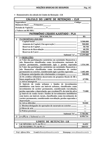NOÇÕES BÁSICAS DE SEGUROS Pág. 10
Prof.: Affonso Silva E-mail:affonso@affonsosilva.com.br Homepage: www.affonsosilva.com.br
• Demonstrativo do cálculo do Limite de Retenção - LR
CÁLCULO DO LIMITE DE RETENÇÃO - CLR
Seguradora: _______________________________________________ Código: _______
Balancete Base: ____/Trimestre/_______.
Período de Vigência: ____________ a ____________
( Valores em R$ Mil )
PATRIMÔNIO LÍQUIDO AJUSTADO – PLA
DESCRIÇÃO R$
1 PATRIMÔNIO LÍQUIDO
Capital Social .................................................................................. 9.500.000
Aumento de Capital ( Em aprovação ) ......................................... 500.000
Reservas de Capital ........................................................................ 50.750
Reservas de Reavaliação ................................................................ 68.250
Reservas de Lucro ........................................................................... 2.580.000
Subtotal "a".... 12.699.000
2 (-) DEDUÇÕES
a) Valor das participações societárias em sociedades financeiras e
não financeiras classificadas como investimentos nacionais de
caráter permanente, considerando ágio e perdas esperadas 1.534.100
b) Valor das participações societárias em sociedades financeiras e
não financeiras classificadas como investimentos de caráter
permanente no exterior, considerando ágio e perdas esperadas ...... 1.682.400
c) Despesas antecipadas não relacionadas a resseguro ..................... 300.000
d) Os créditos tributários decorrentes de prejuízos fiscais de IR e
bases negativas de CSLL ..................................................................... 67.906
e) Ativos intangíveis .............................................................................. -,-
f) Imóveis de renda urbanos e fundos de investimentos
imobiliários com lastro em imóveis urbanos, classificados como
investimentos de caráter permanente, considerando reavaliação,
perdas esperadas e depreciação, que excedam 8% do total do ativo 73.880
g) Imóveis de renda rurais e fundos de investimentos imobiliários
com lastro em imóveis rurais, classificados como investimento de
caráter permanente, considerando reavaliação, perdas esperadas e
depreciação ............................................................................................ -,-
h) Ativos diferidos ................................................................................ 90.000
i) Direitos/obrigações de operações de sucursais no exterior .......... -,-
j) Obras de arte ..................................................................................... -,-
k) Pedras preciosas ............................................................................... -,-
Subtotal "b".... 3.748.286
3 (=) PLA: ( Subtotal a (-) b ..................................................... 8.950.714
LIMITE DE RETENÇÃO - LR
4 LR MÍNIMO ( 0,3% do PLA ) ............................................................ 26.852
LR MAXIMO ( 3% do PLA ) .............................................................. 268.521
 
