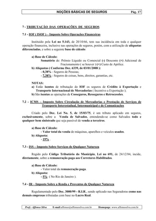 NOÇÕES BÁSICAS DE SEGUROS Pág. 17
Prof.: Affonso Silva E-mail:affonso@affonsosilva.com.br Homepage: www.affonsosilva.com.br
7 - TRIBUTAÇÃO DAS OPERAÇÕES DE SEGUROS
7.1 - IOF ( ISOF ) – Imposto Sobre Operações Financeiras
Instituído pela Lei no 5.143, de 20/10/66, tem sua incidência em toda e qualquer
operação financeira, inclusive nas operações de seguros, porém, com a utilização de alíquotas
diferenciadas, e sobre a seguinte base de cálculo:
a) Base de Cálculo:
Somatório de: Prêmio Líquido ou Comercial (-) Desconto (+) Adicional de
Fracionamento ( se houver ) (+) Custo de Apólice.
b) Alíquotas ( Conforme Dec. 6339, de 03/01/2008 ):
- 0,38% : Seguros de Pessoas;
- 7,38% : Seguros de coisas, bens, direitos, garantias, etc.
NOTAS:
a) Estão isentos de tributação do IOF os seguros de Crédito à Exportação e
Transporte Internacional de Mercadorias ( Incentivo a Exportação );
b) São isentas as operações de Cosseguros, Resseguros e Retrocessões.
7.2 - ICMS – Imposto Sobre Circulação de Mercadorias e Prestação de Serviços de
Transporte Interestadual, Intermunicipal e de Comunicações
Criado pelo Dec. Lei No. 5, de 15/03/75, é um tributo aplicado em seguros,
exclusivamente, sobre a Venda de Salvados, entendendo-se como Salvados todo e
qualquer bem sinistrado que seja passível de venda a terceiros.
a) Base de Cálculo:
- Valor total da venda de máquinas, aparelhos e veículos usados.
b) Alíquota:
- 19% .
7.3 - ISS – Imposto Sobre Serviços de Qualquer Natureza
Regido pelo Código Tributário do Município, Lei no 691, de 24/12/84, incide,
diretamente, sobre a remuneração paga aos Corretores Habilitados.
a) Base de Cálculo:
- Valor total da remuneração paga.
b) Alíquota:
- 5% ( No Rio de Janeiro ).
7.4 - IR – Imposto Sobre a Renda e Proventos de Qualquer Natureza
Regulamentado pelo Dec. 3000/99 - R.I.R., sendo aplicado nas Seguradoras como nas
demais empresas tributadas com base no Lucro Real.
 