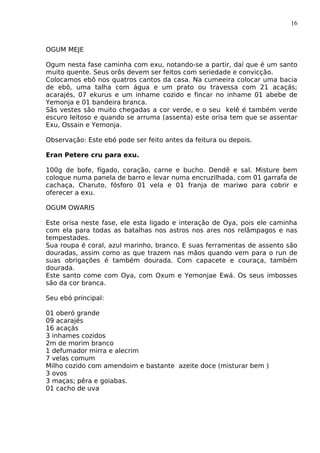 16
OGUM MEJE
Ogum nesta fase caminha com exu, notando-se a partir, daí que é um santo
muito quente. Seus orôs devem ser feitos com seriedade e convicção.
Colocamos ebô nos quatros cantos da casa. Na cumeeira colocar uma bacia
de ebô, uma talha com água e um prato ou travessa com 21 acaçás;
acarajés, 07 ekurus e um inhame cozido e fincar no inhame 01 abebe de
Yemonja e 01 bandeira branca.
Sãs vestes são muito chegadas a cor verde, e o seu kelê é também verde
escuro leitoso e quando se arruma (assenta) este orisa tem que se assentar
Exu, Ossain e Yemonja.
Observação: Este ebó pode ser feito antes da feitura ou depois.
Eran Petere cru para exu.
100g de bofe, fígado, coração, carne e bucho. Dendê e sal. Misture bem
coloque numa panela de barro e levar numa encruzilhada, com 01 garrafa de
cachaça, Charuto, fósforo 01 vela e 01 franja de mariwo para cobrir e
oferecer a exu.
OGUM OWARIS
Este orisa neste fase, ele esta ligado e interação de Oya, pois ele caminha
com ela para todas as batalhas nos astros nos ares nos relâmpagos e nas
tempestades.
Sua roupa é coral, azul marinho, branco. E suas ferramentas de assento são
douradas, assim como as que trazem nas mãos quando vem para o run de
suas obrigações é também dourada. Com capacete e couraça, também
dourada.
Este santo come com Oya, com Oxum e Yemonjae Ewá. Os seus imbosses
são da cor branca.
Seu ebó principal:
01 oberó grande
09 acarajés
16 acaçás
3 inhames cozidos
2m de morim branco
1 defumador mirra e alecrim
7 velas comum
Milho cozido com amendoim e bastante azeite doce (misturar bem )
3 ovos
3 maças; pêra e goiabas.
01 cacho de uva
 