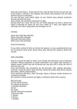 21
Este ode nesta fase o preparado do Yao, será do lado de fora do asé, por ser
muito bugre e devido a sua ligação com Ossain pois passeia com ele pela
floresta escura e selvagem.
Em seu ibá leva uma vitória régia, no seu interior para sempre acalmá-lo
através da folha de Osun.
Suas vestes são coloridas exceto par ao Igbi.
No seu efum de 7 dias, ele sai com um chifre pequeno na mão, e dentro do
oguê é colocado 01 gema de ovo crua, todos os 7 dias, que depois será
carrrego com ebô e acaçá para ser entregue no rio.
Cantiga:
Dana dana Oyé fibo ode fibo
Ofara reua cofa omorode
Ofararere fibo ode kafibo
Ofara reua cofa omorode.
Suas ferramentas:
O seu ferro central é feito em forma de aspiral e o seu assentamento leva
em miniaturas como lança, facão, flexa, ides, bola do boi, buzios e dentes de
cavalo.
ODE LOGUENIN
Este é o caçula de todos os odes, suas roupas são coloridas e seus imbosses
também. Muitos zeladores as vezes confundem com Logun Ede, devido a a
alegria quase infantil que ele transmite par aos que tem a sorte de vê-lo e
tê-lo em seu asé.
Suas ferramentas são compostas de ofá dourado, idés, abebes dourados,
conchas, cristal de rocha, água marinha, dente de cavalo, bola do boi, peixes
dourados, chifres polido branco.
Seus caminhos são Osun, Oya, Yemonja, Ogum e Ossain, sendo necessa´rio
o assento de todos.
Ele costuma moram próximo ao lagos e cachoeira onde mora e pesca.
Ebó principal:
3m de morim branco
01 cabaça de pescoço
7 pembas coloridas
01 obi
01 orobo
2kg de canjiquiha amarela
1 bacia de naje
7 acaçás
7 ekurus
7 moedas
 
