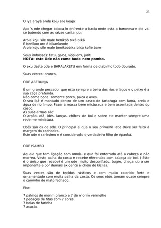 23
O iya arayê arole koju sile koajo
Apo´s ode chegar coloca-lo enfrente a bacia onde esta a baronesa e ele vai
se batendo com as raízes cantando:
Arole koju sile male benikoô bikã bikã
É benikoo oro é bikankeode
Arole koju sile male benikoobika bika kofie bare
Seus imbosses: tatu, galos, koquem, juriti
NOTA: este Ode não come bode nem pombo.
O exu deste ode e BARALAKETU em forma de diabinho todo dourado.
Suas vestes: branco.
ODE ABERUNJA
É um grande pescador que esta sempre a beira dos rios e lagos e o peixe é a
sua caça preferida.
Não come bode, somente porco, paca e aves.
O seu ibá é montado dentro de um casco de tartaruga com lama, areia e
água de rio limpo. Fazer a massa bem misturada e bem assentada dentro do
casco.
As suas armas são:
O arpão, ofá, idés, lanças, chifres de boi e sobre ele manter sempre uma
rede me miniatura.
Ebós são os de ode. O principal e que o seu primeiro labe deve ser feito a
margem da cachoeira.
Este ode e raríssimo e é considerado o verdadeiro filho de Apaoká.
ODE ISAMBO
Aquele que tem ligação com omolu e que foi enterrado até a cabeça e não
morreu. Veste palha da costa e recebe oferendas com cabeça de boi. ( Este
é o único que recebe) é um ode muito desconfiado, bugre, chegando a ser
imponente e por demais exigente e cheio de kizilas.
Suas vestes são de tecidos rústicos e com muito colorido forte e
ornamentado com muita palha da costa. Os seus ebós tomam quase sempre
o caminho de mato fechado.
Ebo:
7 palmos de morim branco e 7 de morim vermelho
7 pedaços de fitas com 7 cores
7 bolas de farinha
7 acaçás
 
