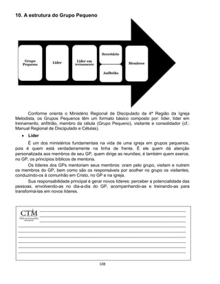 108
10. A estrutura do Grupo Pequeno
Conforme orienta o Ministério Regional de Discipulado da 4ª Região da Igreja
Metodista, os Grupos Pequenos têm um formato básico composto por: líder, líder em
treinamento, anfitrião, membro da célula (Grupo Pequeno), visitante e consolidador (cf.:
Manual Regional de Discipulado e Células).
 Líder
É um dos ministérios fundamentais na vida de uma igreja em grupos pequenos,
pois é quem está verdadeiramente na linha de frente. É ele quem dá atenção
personalizada aos membros de seu GP, quem dirige as reuniões; é também quem exerce,
no GP, os princípios bíblicos de mentoria.
Os líderes dos GPs mentoriam seus membros: oram pelo grupo, visitam e nutrem
os membros do GP, bem como são os responsáveis por acolher no grupo os visitantes,
conduzindo-os à comunhão em Cristo, no GP e na igreja.
Sua responsabilidade principal é gerar novos líderes: perceber a potencialidade das
pessoas, envolvendo-as no dia-a-dia do GP, acompanhando-as e treinando-as para
transformá-las em novos líderes.
 
