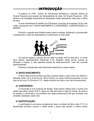 7
INTRODUÇÃO
O objetivo do CTM - Centro de Treinamento Ministerial é capacitar líderes de
Grupos Pequenos que possam ser discipuladores de vidas. Os Grupos Pequenos – GPs
formam uma estratégia missionária do discipulado cristão alcançando vidas para o Reino
de Deus.
A nova metodologia de trabalho do CTM segue o princípio do progresso na fé e vida
cristã, começando com o NOVO NASCIMENTO, a CONVERSÃO, a SANTIFICAÇÃO e a
MISSÃO.
Portanto, a apostila está dividida nestas quatro unidades, facilitando a compreensão
e fortalecendo a visão da necessidade um crescimento na vida cristã.
Um grande engano é pensar que por estar na Igreja você já está salvo. O crente
deve crescer espiritualmente (Filipenses 2.12). Ninguém nasce pronto, precisa se
alimentar e crescer. A vida espiritual precisa de desenvolvimento. Você tem crescido
espiritualmente?
Podemos compreender este crescimento espiritual em quatro etapas:
1) NOVO NASCIMENTO:
O Novo Nascimento acontece quando a pessoa aceita a Jesus como seu Senhor e
Salvador (João 3.3) e se torna uma “Nova Criatura, as coisas velhas já passaram, eis que
tudo se fez novo” (II Coríntios 5.17). Neste encontro com Deus, sua vida é transformada.
2) CONVERSÃO:
A Conversão é uma mudança de direção. Antes estava voltado para o mundo e de
costas para Deus (Isaías 55.6,7). Agora se volta para Deus e foge do mundo, da carne e
do pecado. A conversão é um processo que exige perseverança até que aconteça uma
completa Libertação (João 8.32).
3) SANTIFICAÇÃO:
A santificação é uma busca constante por fazer a vontade de Deus (João 17.17). A
Santificação acontece quando o cristão perde o prazer pelo pecado e mesmo sendo
 