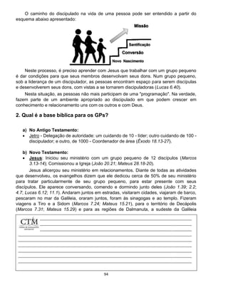 94
O caminho do discipulado na vida de uma pessoa pode ser entendido a partir do
esquema abaixo apresentado:
Neste processo, é preciso aprender com Jesus que trabalhar com um grupo pequeno
é dar condições para que seus membros desenvolvam seus dons. Num grupo pequeno,
sob a liderança de um discipulador, as pessoas encontram espaço para serem discípulas
e desenvolverem seus dons, com vistas a se tornarem discipuladoras (Lucas 6.40).
Nesta situação, as pessoas não mais participam de uma "programação". Na verdade,
fazem parte de um ambiente apropriado ao discipulado em que podem crescer em
conhecimento e relacionamento uns com os outros e com Deus.
2. Qual é a base bíblica para os GPs?
a) No Antigo Testamento:
 Jetro - Delegação de autoridade: um cuidando de 10 - líder; outro cuidando de 100 -
discipulador; e outro, de 1000 - Coordenador de área (Êxodo 18.13-27).
b) Novo Testamento:
 Jesus: Iniciou seu ministério com um grupo pequeno de 12 discípulos (Marcos
3.13-14); Comissionou a Igreja (João 20.21; Mateus 28.18-20).
Jesus alicerçou seu ministério em relacionamentos. Diante de todas as atividades
que desenvolveu, os evangelhos dizem que ele dedicou cerca de 50% de seu ministério
para tratar particularmente de seu grupo pequeno, para estar presente com seus
discípulos. Ele aparece conversando, comendo e dormindo junto deles (João 1.39; 2.2;
4.7; Lucas 6.12; 11.1). Andaram juntos em estradas, visitaram cidades, viajaram de barco,
pescaram no mar da Galileia, oraram juntos, foram às sinagogas e ao templo. Fizeram
viagens a Tiro e a Sidom (Marcos 7.24; Mateus 15.21), para o território de Decápolis
(Marcos 7.31; Mateus 15.29) e para as regiões de Dalmanuta, a sudeste da Galileia
 